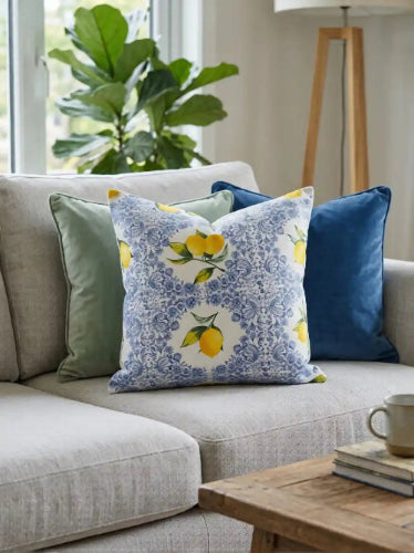 Fundas de cojin limón mediterraneo azul